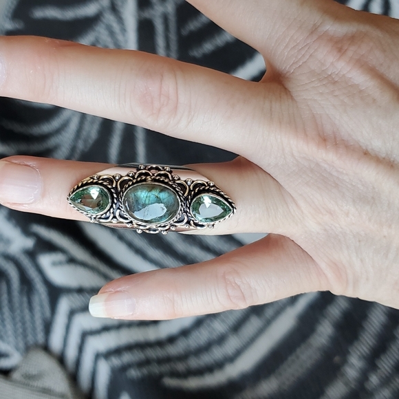 New Labradorite & Tsavorite 925 Silver Statement Ring. - Picture 11 of 16